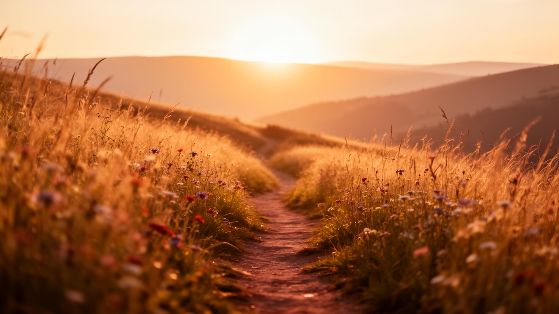 A sunlit path winding through wildflowers toward a glowing sunrise over rolling hills