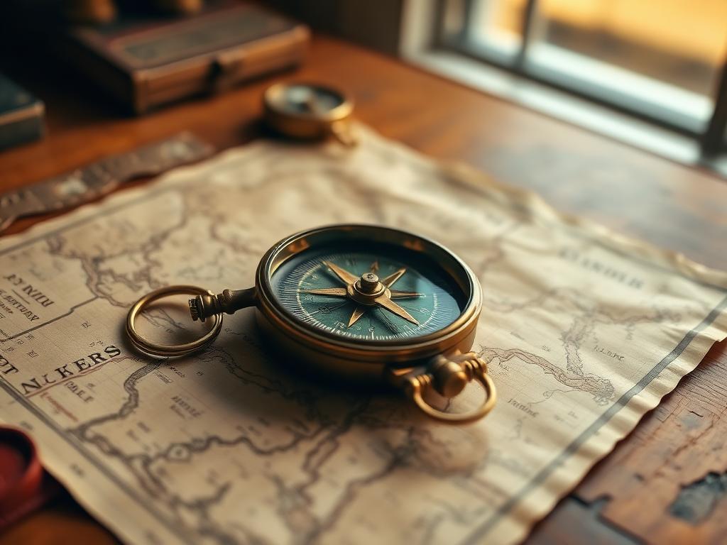A vintage brass compass resting on an aged map in warm window light