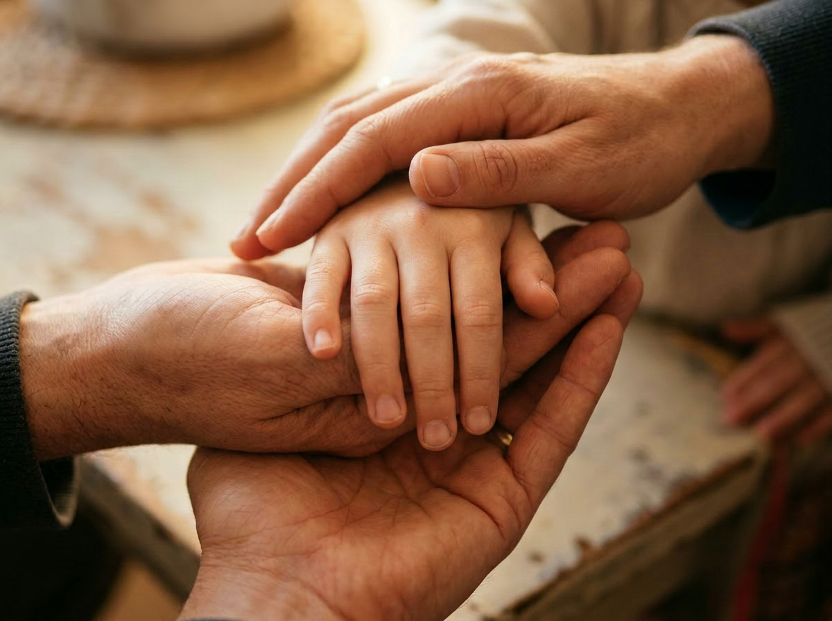 Two adult hands gently holding a younger hand in support
